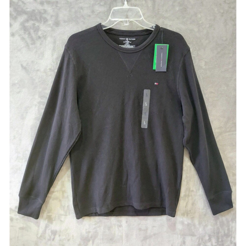 NEW Tommy Hilfiger Thermal T-Shirt Men's Large Black Waffle Knit Long Sleeve
